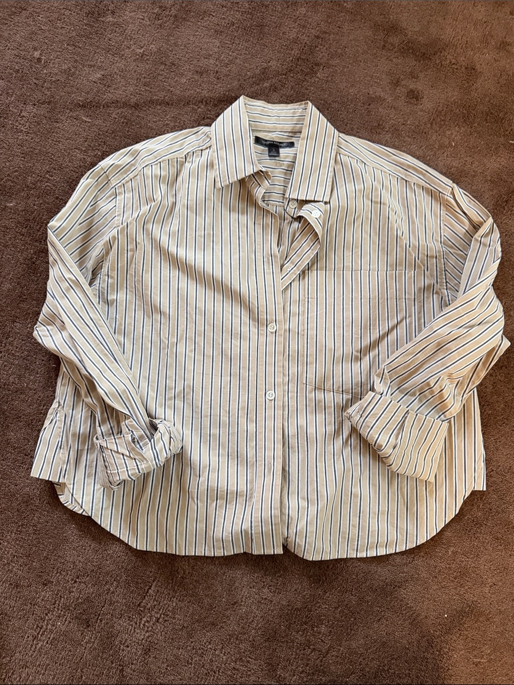 Banana Republic cropped tan Button-Down Shirt with blueish grey Stripes